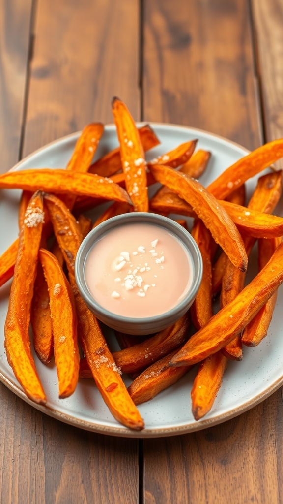 Crispy Sweet Potato Fries in the Instant Pot Air Fryer Crispy sweet potato fries served with dipping sauce on a rustic wooden table.